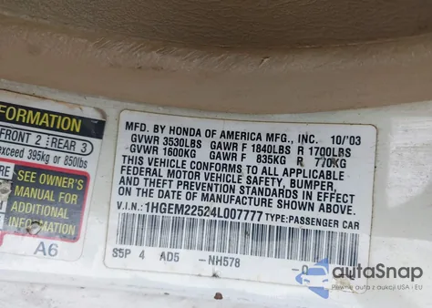 2004 Honda Civic Lx из США, поврежденный, VIN 1HGEM22524L007777